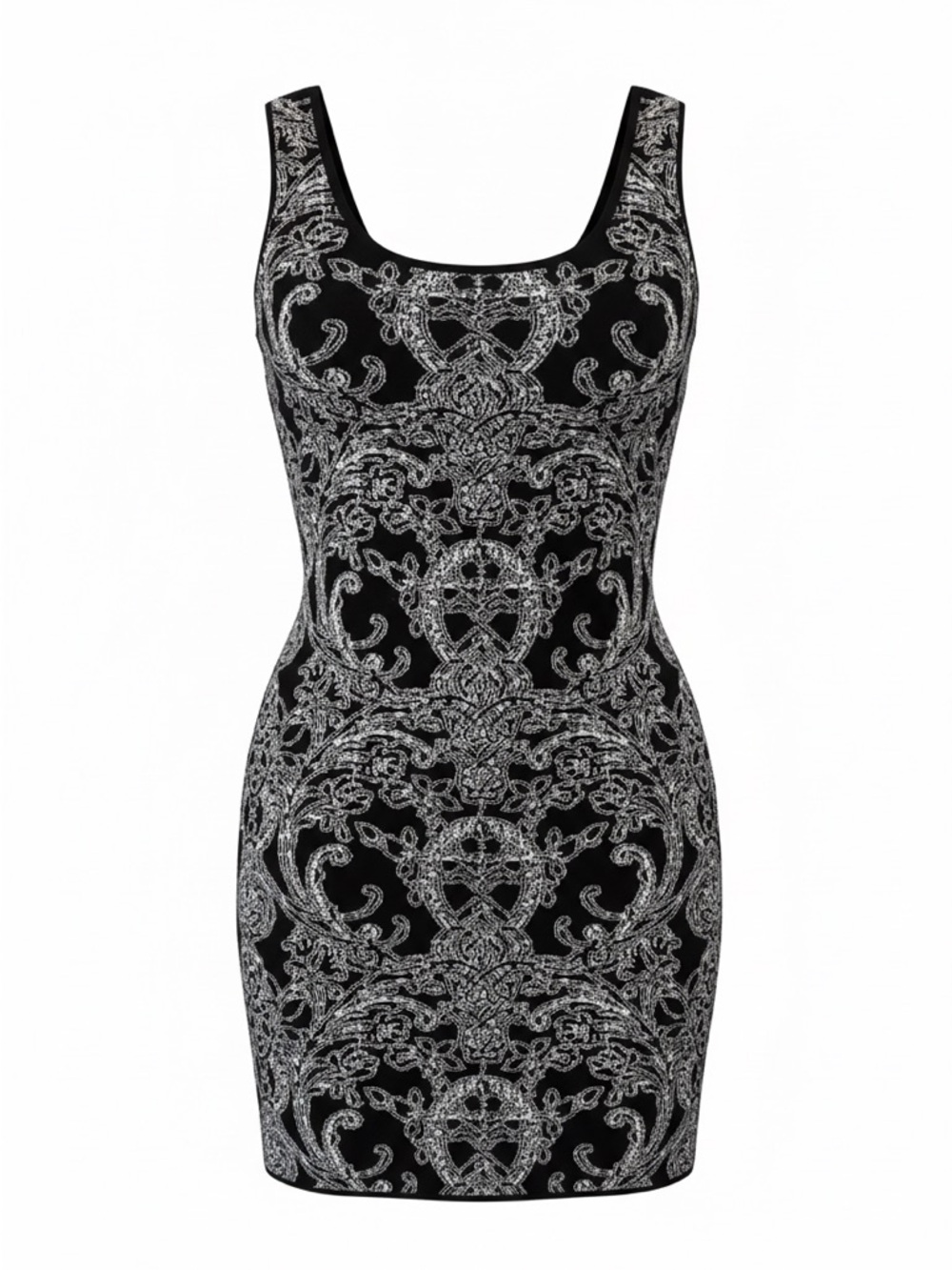 Mossimo Black and Silver White Baroque Mini Dress Size M Y2K Clubwear Knit